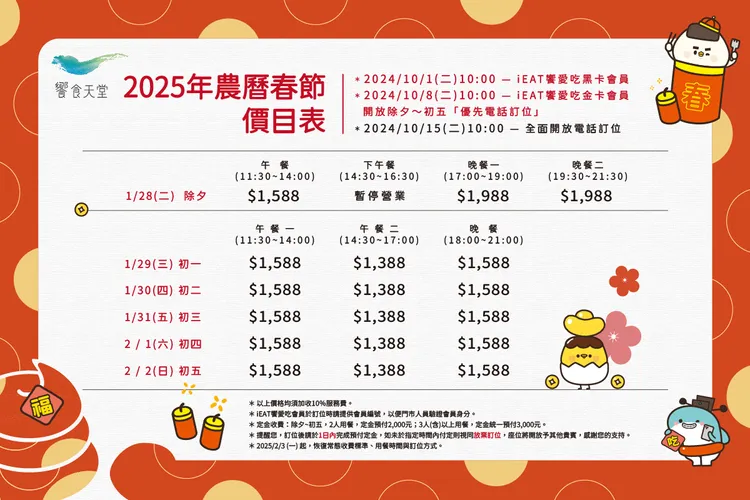 饗食天堂2025年農曆春節用餐價格。取自官網