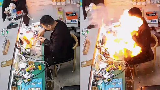 驚嚇影片|中國手機「電池突爆炸起火」 店員慘遭烈焰撲面