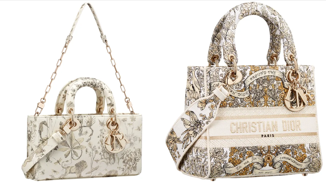 Lady D-Joy Cabinet de Curiosite圖騰中型包款(左)17萬元、Lady D-Lite Dior Around The World 刺繡中型包款(右)18萬元。品牌提供