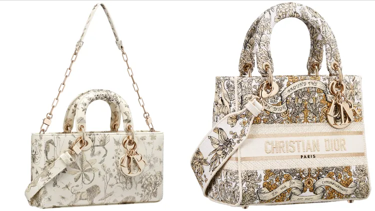 Lady D-Joy Cabinet de Curiosite圖騰中型包款（左）17萬元、Lady D-Lite Dior Around The World 刺繡中型包款（右）18萬元。品牌提供