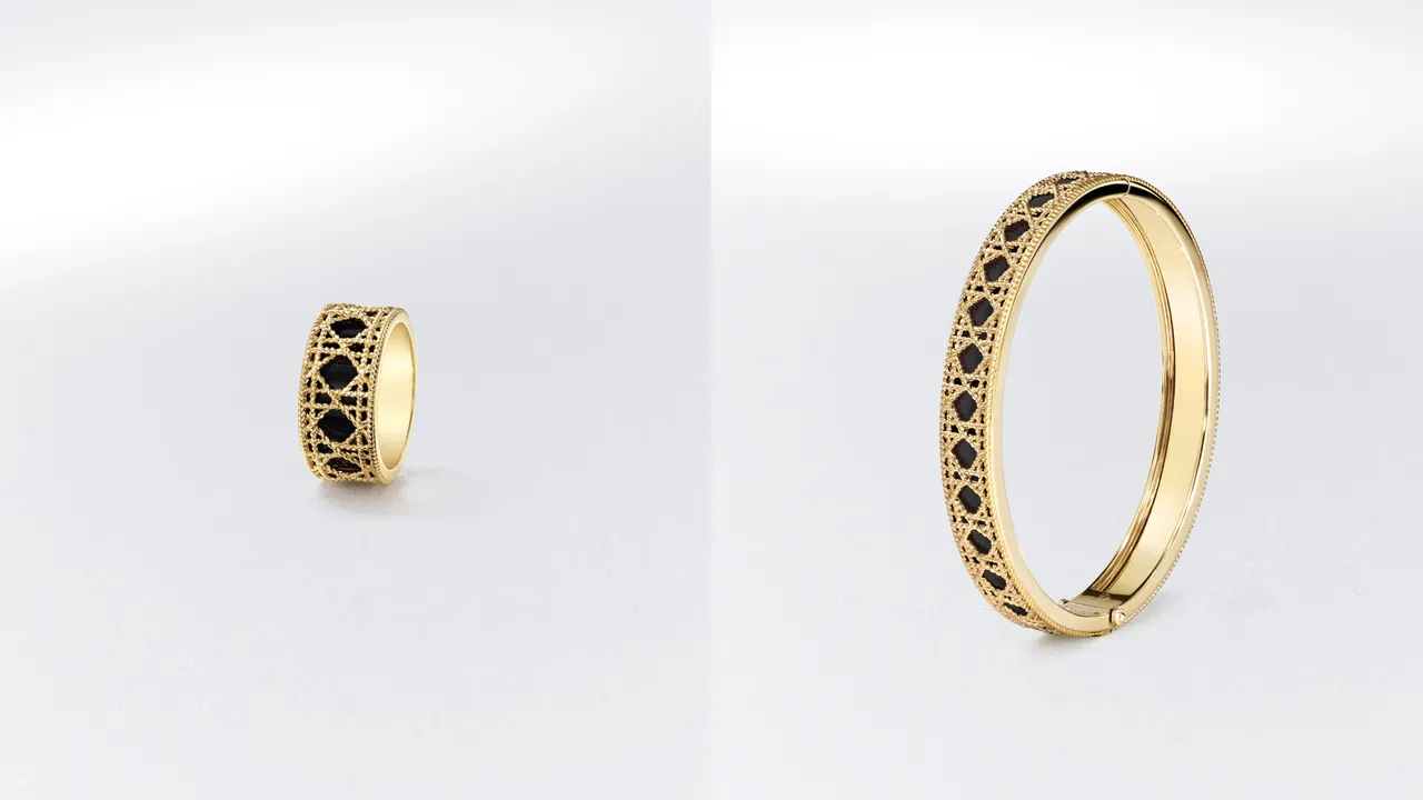 My Dior 18K金黑漆戒指(左)11萬1000元、My Dior 18K金黑漆手鐲(右)32萬元。品牌提供