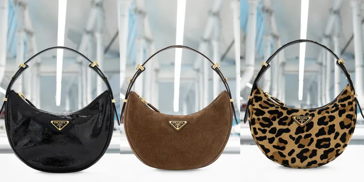 PRADA Arqué漆亮皮革肩背包（左圖，8萬9000元）、麂皮皮革肩背包（中圖，8萬6000元）、豹紋肩背包（右圖，10萬元）。品牌提供