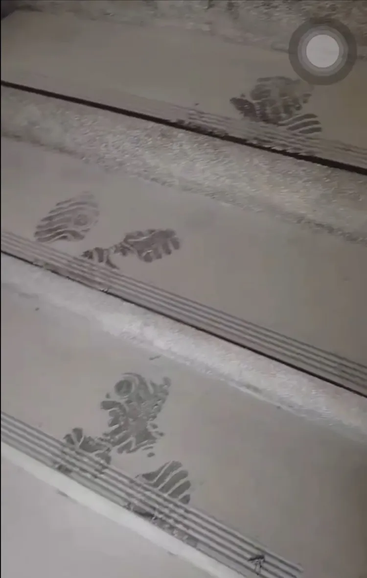 住戶爬樓梯都要踩著粉塵上下走，留下深深的腳印，卻不見人出面清潔，。戴瑋姍服務處提供