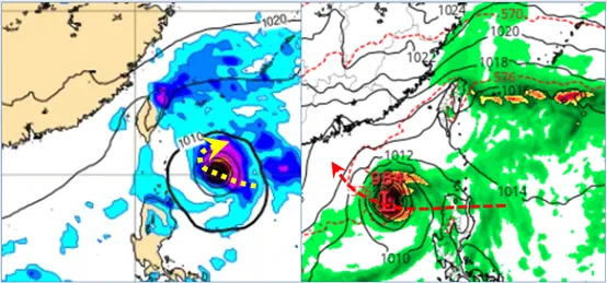 最新(2日20時)歐洲(ECMWF)及美國(GFS)模式，模擬週五(8日)20時地面圖顯示，有有熱帶系統發展，或在台灣東南方海面迴轉(左圖)，或穿過呂宋島、西行進入南海(右圖)。氣象應用推廣基金會