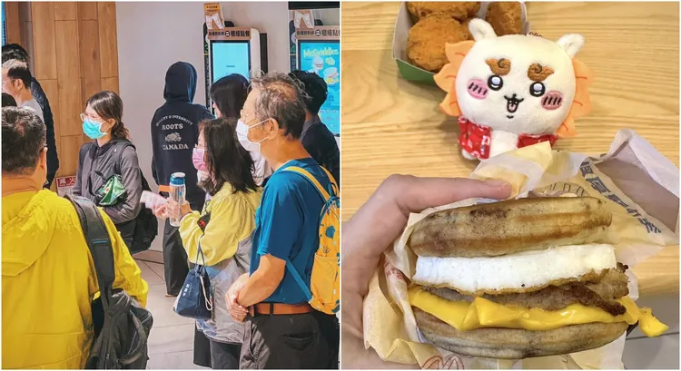 麥當勞今開賣「厚鬆餅堡」，一早就有不少民眾排隊搶購。翻攝靠北天母幫、韓璟臉書
