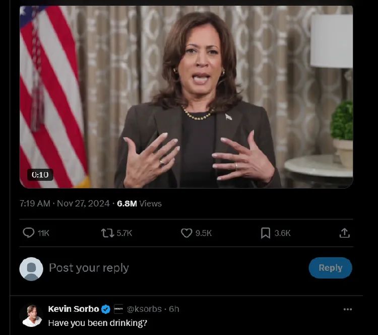 多數網友都詢問，賀錦麗是不是喝多了？翻攝X@TheDemocrats