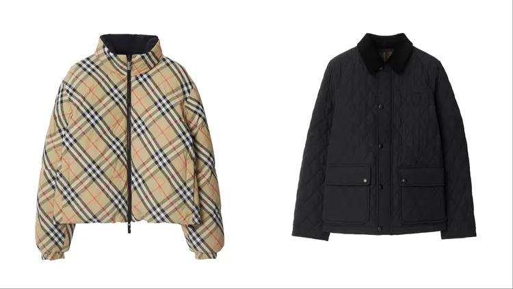 BURBERRY沙色雙面格紋尼龍羽絨夾克（左）6萬9000元、黑色絎縫尼龍夾克（右）4萬6500元。品牌提供
