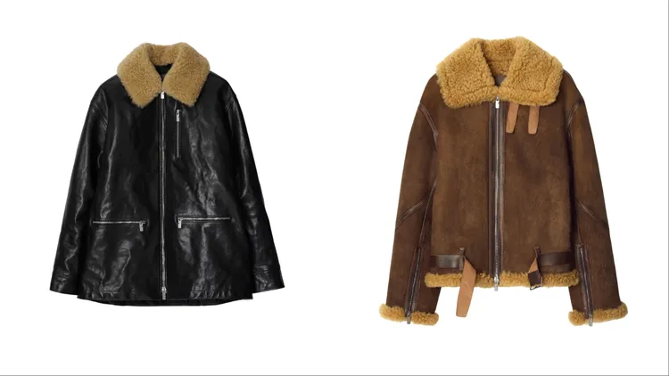 BURBERRY黑色短皮大衣（左）22萬元、苔蘚色連毛羊皮飛行員夾克（右）21萬元。品牌提供