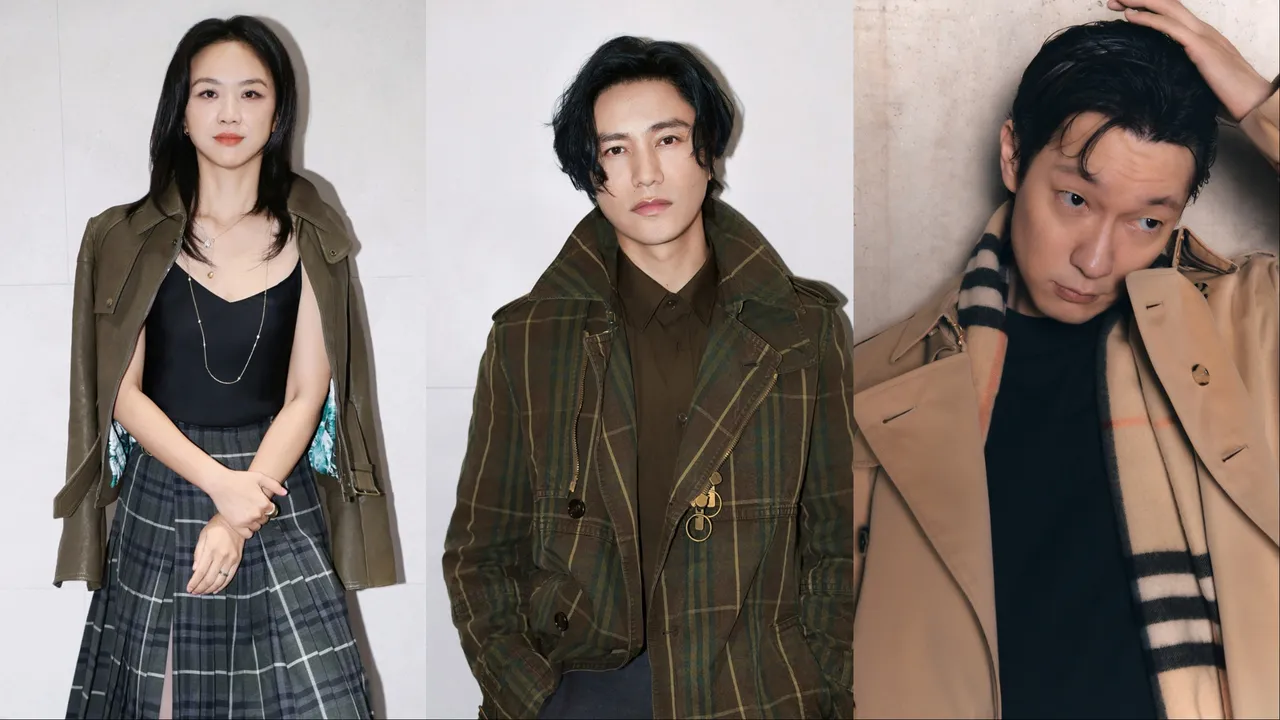 BURBERRY全球品牌大使湯唯（左起）、陳坤、孫錫久拍攝形象照。品牌提供