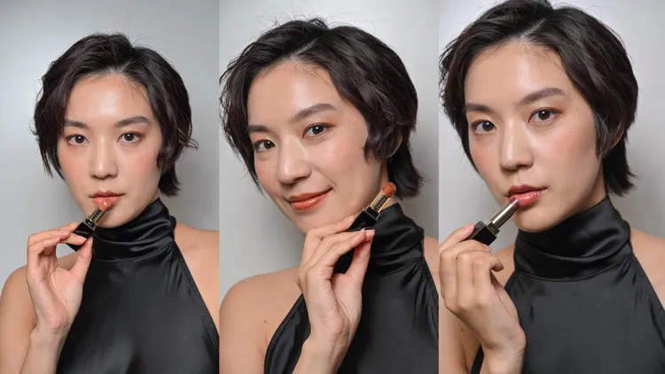 Model示範晶采潤艷唇膏左起#104、#105、#106。品牌提供