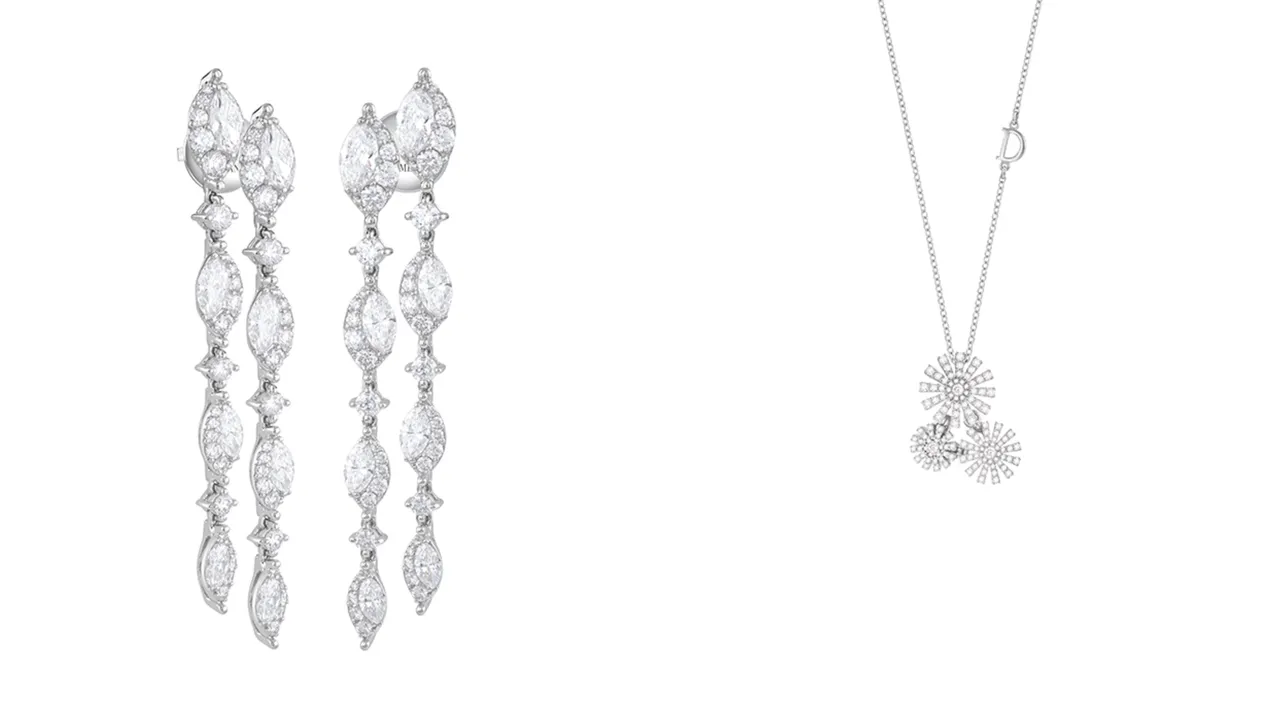 DAMIANI Emozioni D 18K白金垂墜式鑽石耳環(左)79萬3000元、Margherita瑪格麗特系列18K白金三花卉鑽石項鍊(右)20萬4200元。品牌提供