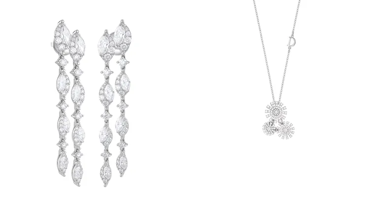 DAMIANI Emozioni D 18K白金垂墜式鑽石耳環（左）79萬3000元、Margherita瑪格麗特系列18K白金三花卉鑽石項鍊（右）20萬4200元。品牌提供