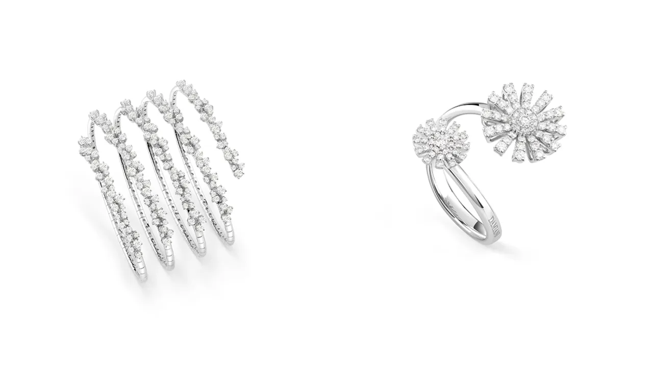 DAMIANI Mimosa Flexi含羞草系列18K白金多圈鑽石手環(左)132萬元、Margherita瑪格麗特系列18K白金雙花鑽石戒指(右)16萬3600元。品牌提供