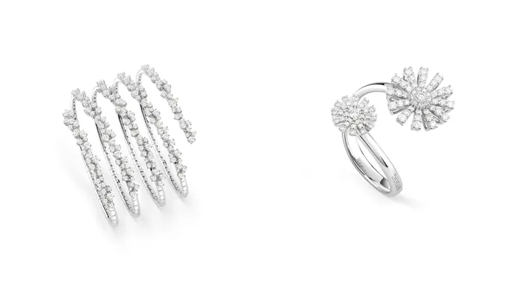 DAMIANI Mimosa Flexi含羞草系列18K白金多圈鑽石手環（左）132萬元、Margherita瑪格麗特系列18K白金雙花鑽石戒指（右）16萬3600元。品牌提供
