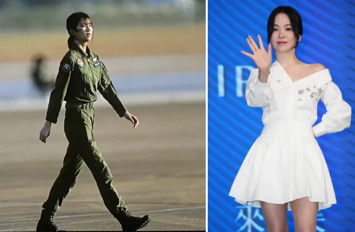 解放軍飛官徐楓燦（左，翻攝微博/還球網）身高175公分，號稱九頭身美女，被稱為酷似韓星宋慧喬（右，壹蘋新聞網資料照）。