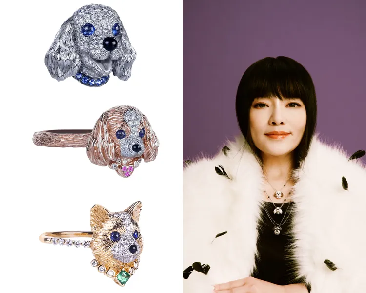可卡造型藍寶鑽石墜飾（左上）44萬6200元、迷你查理士犬造型藍寶戒指（左中）13萬5200元、迷你柯基造型沙弗萊石戒指（左下）15萬2100元。品牌提供