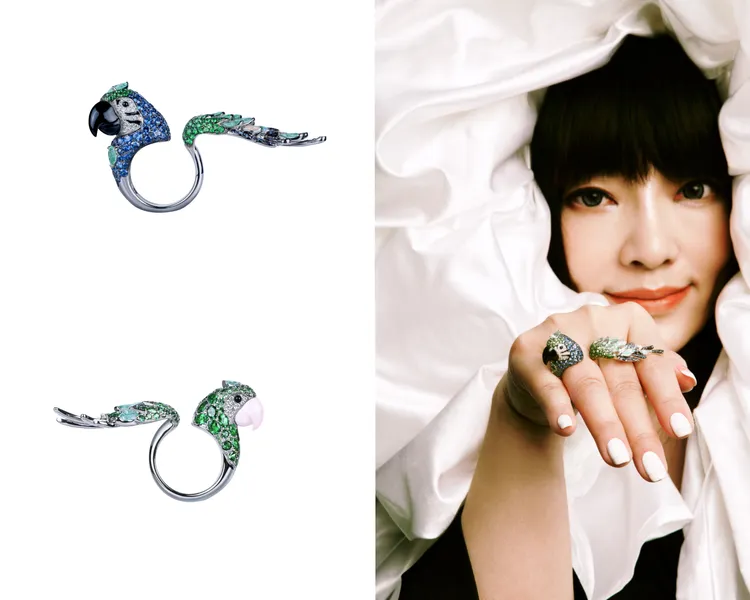 鸚鵡造型碧璽藍寶鑽石戒指（左上）82萬9400元、鸚鵡造型碧璽鑽石戒指（左下）71萬5000元。品牌提供