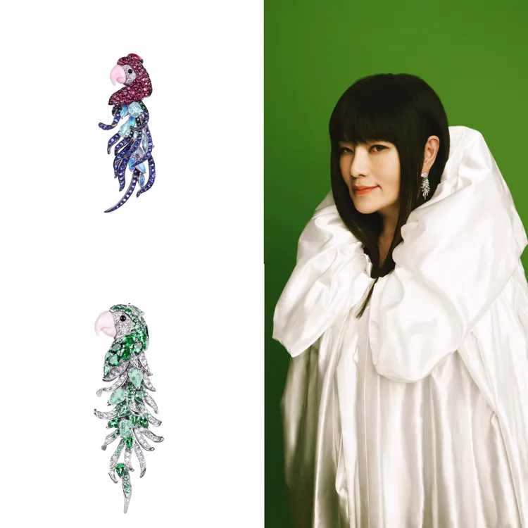 鸚鵡造型碧璽紅寶鑽石耳環（左上）60萬5000元、鸚鵡造型碧璽鑽石耳環（左下）58萬7400元。品牌提供