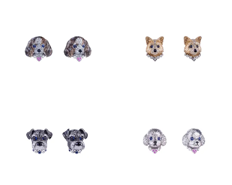 迷你查理士犬造型藍寶單邊耳環（左上）9萬3000元、迷你柯基造型藍寶單邊耳環（右上）11萬1000元、迷你雪納瑞造型藍寶單邊耳環 （左下）9萬4500元、迷你貴賓造型藍寶單邊耳環（右下）11萬5500元。品牌提供