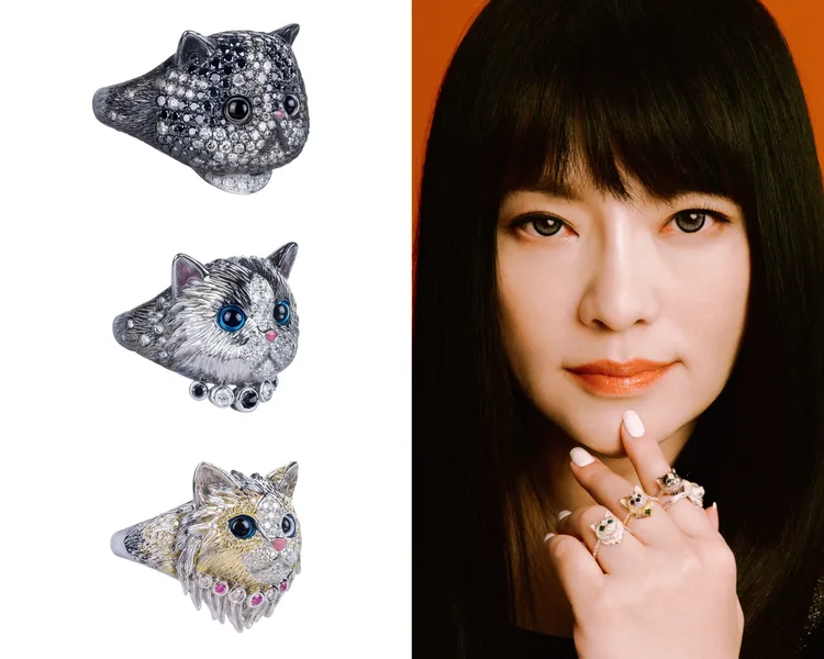 加菲貓造型彩鑽鑽石戒指（左上）47萬6100元、布偶貓造型彩鑽鑽石戒指（左中）36萬5700元、波斯貓造型粉剛鑽石戒指（左下）47萬8400元。品牌提供