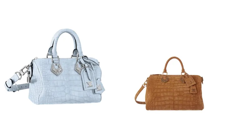 Speedy P9 Bandoulière 25水洗牛仔藍鱷魚皮革手袋（左）135萬元、Speedy P9 Bandoulière 25峽谷棕色鱷魚皮革手袋 135萬元。品牌提供