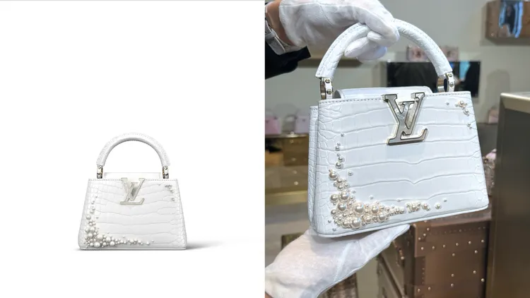 展覽獨家限定款式Capucines East-West Mini 白色鱷魚皮革鑲綴珍珠手袋，105萬元。品牌提供