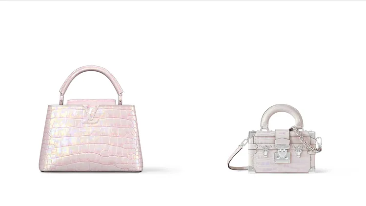 Capucines BB淡粉石英色鱷魚皮革手袋（左）115萬元、Petite Malle淡粉石英色鱷魚皮革手袋（右）123萬元。品牌提供