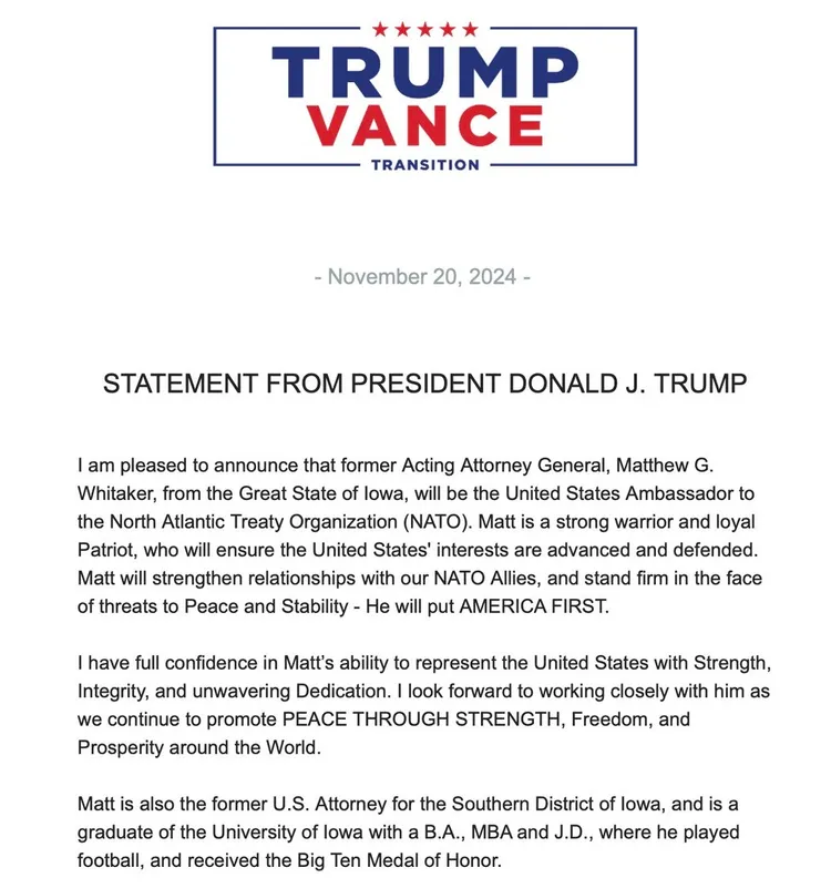 川普任命信。翻攝自X@MattWhitaker46