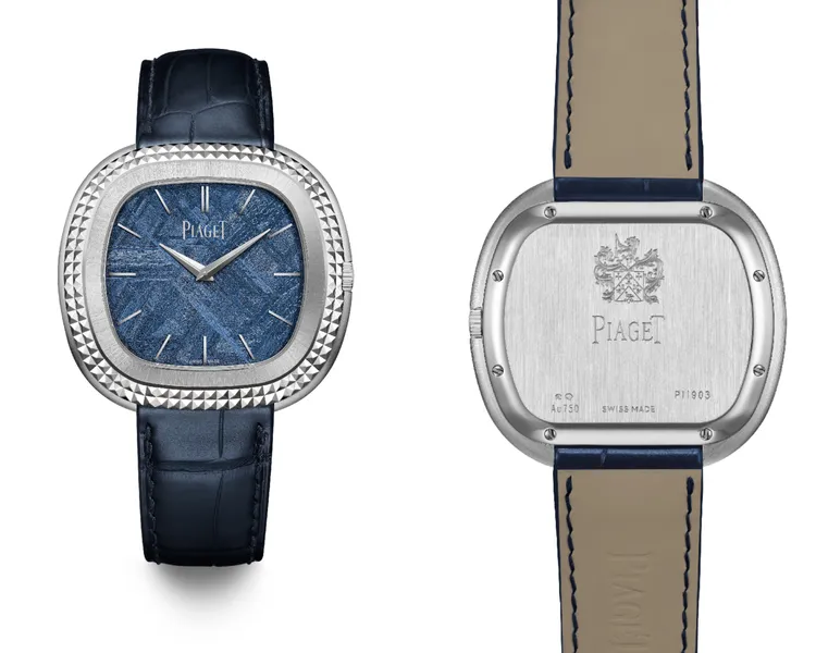 PIAGET Andy Warhol系列18K白金巴黎釘紋藍色隕石面盤自動上鍊腕錶，45mm，18K白金錶殼，藍色隕石表面，深藍色鱷魚皮錶帶，自製501P1自動上鍊機芯，動力儲存40小時，防水深度30米，價格店洽。品牌提供