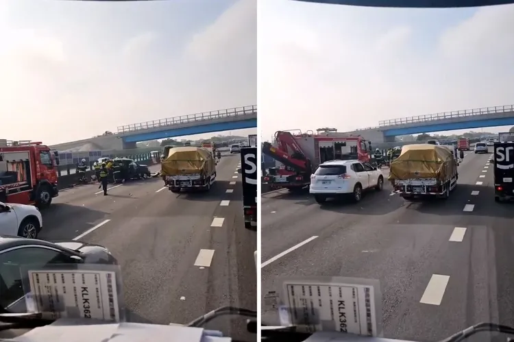 對向飛來的大貨車輪胎造成4車追撞，1名駕駛死亡。民眾提供