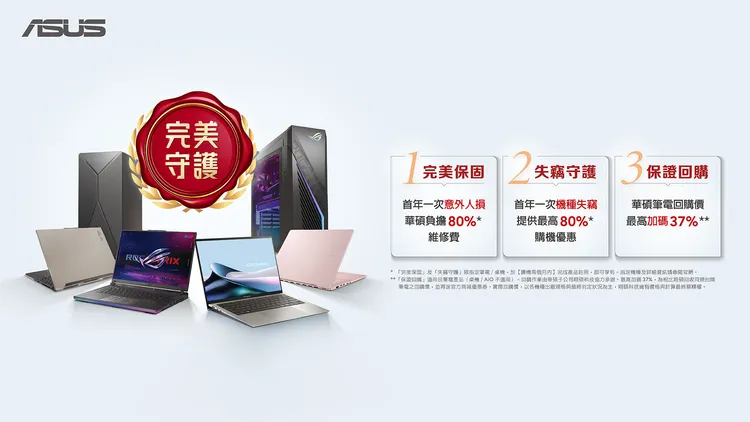 華碩推出全新「完美守護」計畫，涵蓋三大服務項目：「完美保固」、「失竊守護」及「保證回購」。華碩提供
