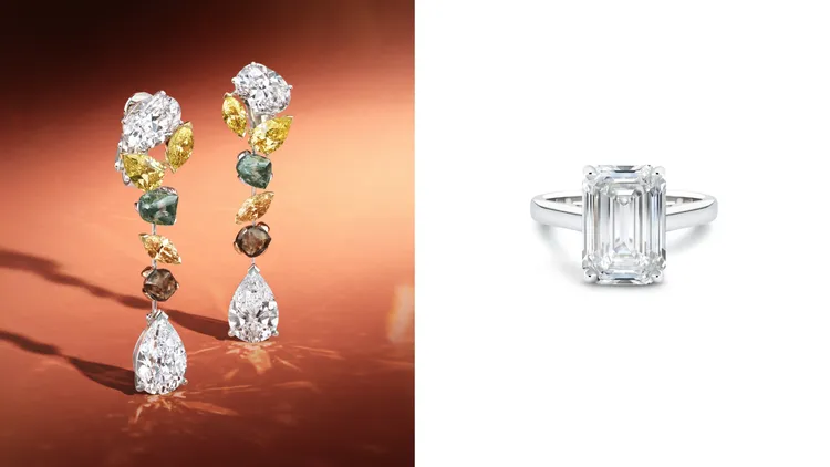 De Beers Soothing Lotus 高級珠寶鑽石耳環（左圖）750萬元、DB Classic 高級珠寶祖母綠式切割鑽石戒指（右圖）825萬元。品牌提供

