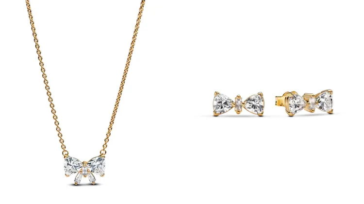 璀璨蝴蝶結項鍊（左）7380元、璀璨蝴蝶結耳環（右）3980元。品牌提供