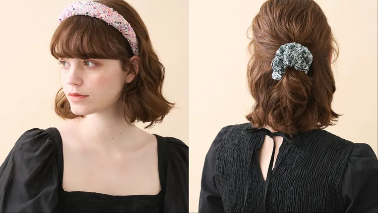 花呢厚版髮箍（左）5000元、花呢荷葉髮束（右）3300元。品牌提供