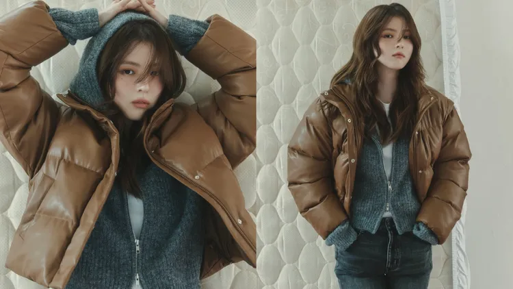 韓素希穿著焦糖色羽絨外套搭配灰色毛衣、牛仔褲。翻攝giordanokr IG