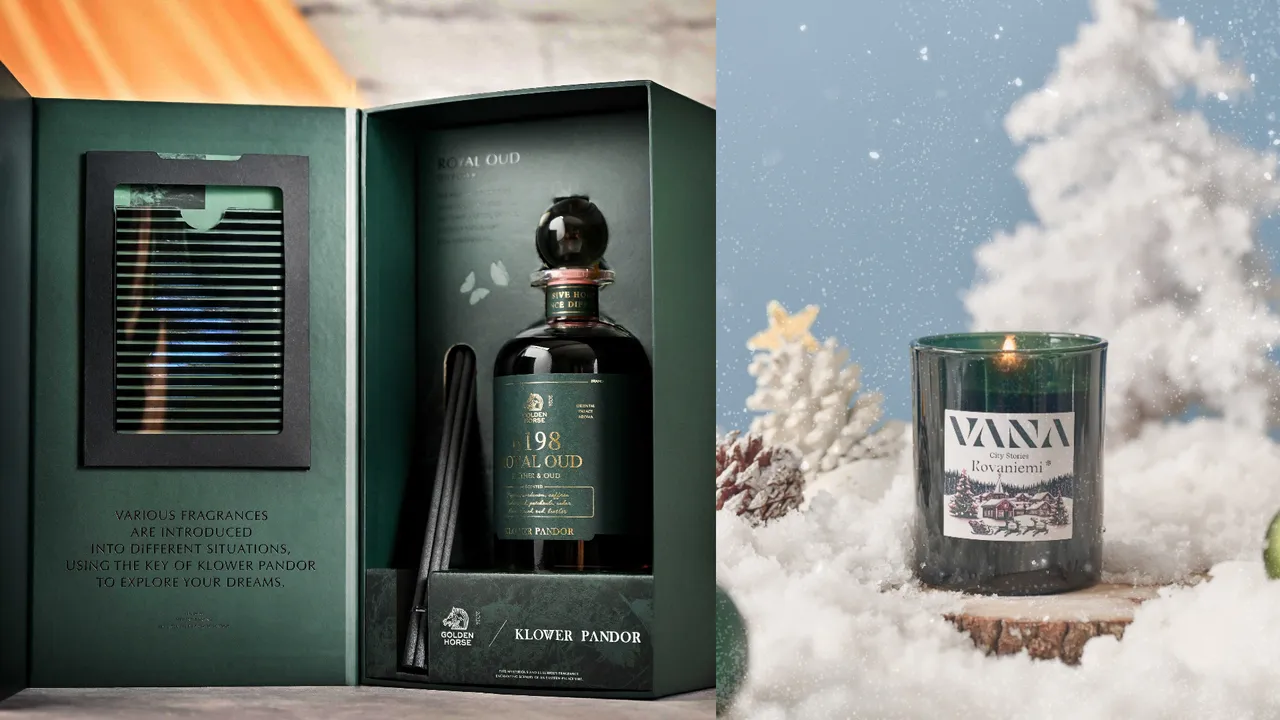 台灣香氛品牌KLOWER PANDOR（左圖）推出金馬61皇家沉香典藏擴香禮盒；北歐香氛品牌VANA則推出季節限定芬蘭聖誕村香氛蠟燭Rovaniemi。品牌提供