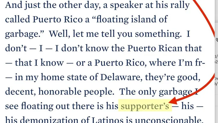 白宮的逐字稿將拜登稱「支持者們」（supporters）一詞，改為「支持者的」（supporter’s）試圖將批評針對一名川普造勢活動的暖場喜劇演員。翻攝自X@KylieJaneKremer