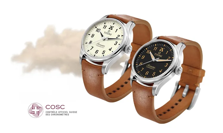 TITONI Airmaster Pilot飛行員天文台腕錶，43mm，圓形五級鈦金屬錶殼，雙層三明治霧黑/霧銀白面盤，植鞣棕色皮革錶帶，Sellita SW200-1自動上鍊機芯，防水深度100米，7萬2300元。品牌提供
