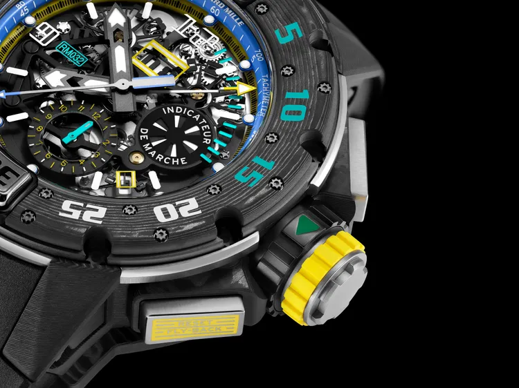RICHARD MILLE RM 032自動上鍊飛返計時碼錶終極版，搭載專利「鎖定錶冠」設計。品牌提供