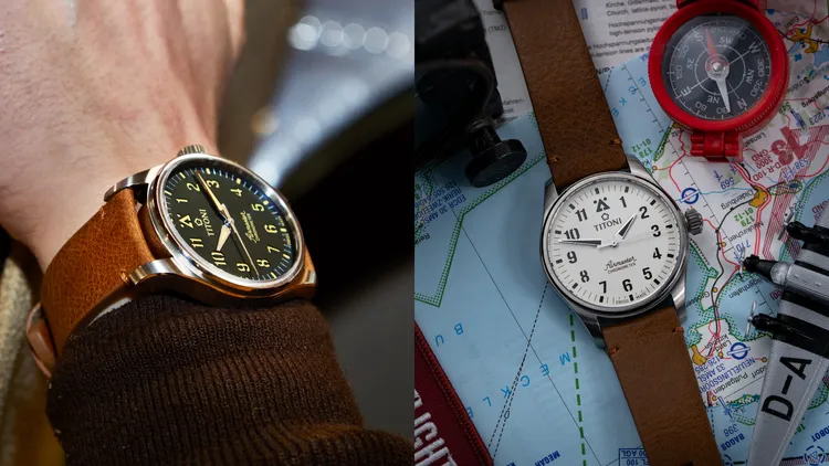 TITONI Airmaster Pilot飛行員天文台腕錶，43mm，圓形五級鈦金屬錶殼，雙層三明治霧黑/霧銀白面盤，植鞣棕色皮革錶帶，Sellita SW200-1自動上鍊機芯，防水深度100米，7萬2300元。品牌提供
