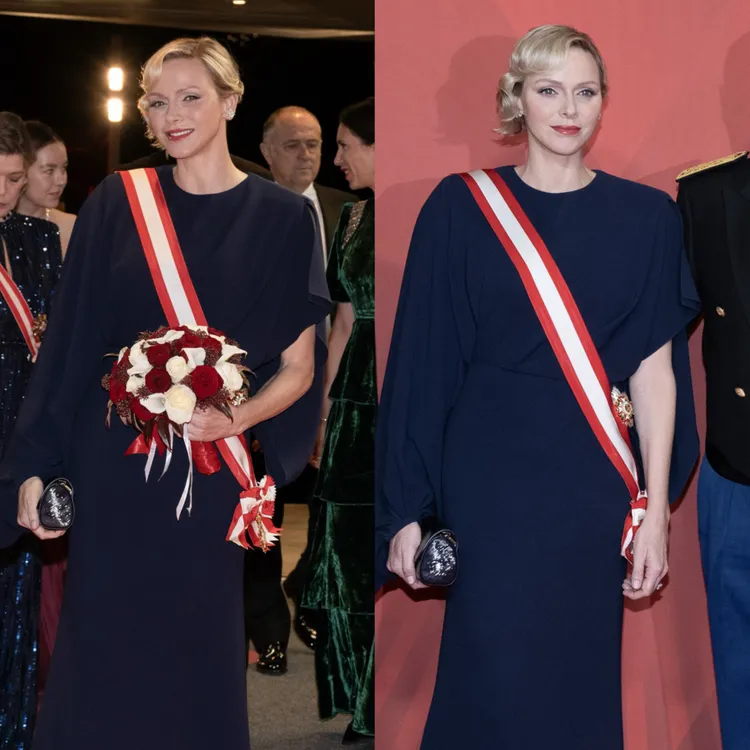 晚宴時分，夏琳親王妃則改換上LV午夜藍真絲縐紗不對稱垂墜禮服。品牌提供