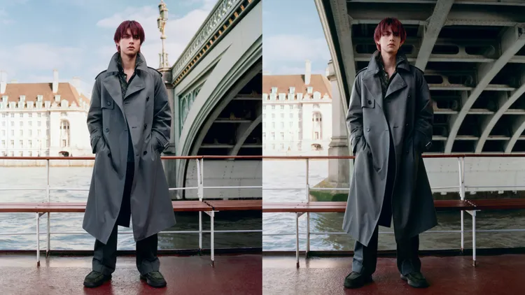 Bright身著BURBERRY經典長版風衣。品牌提供