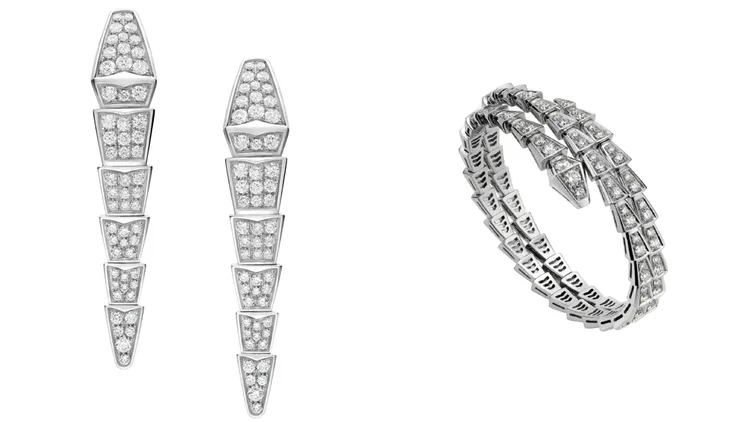 寶格麗Serpenti Viper系列鑽石耳環（左）、雙圈鑽石手環（右）。品牌提供
