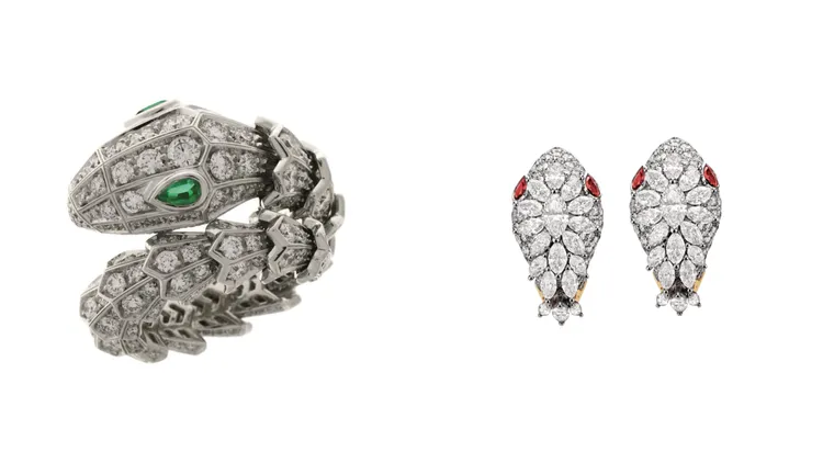 寶格麗Serpenti祖母綠與鑽石戒指（左 ）、頂級紅寶石與鑽石耳環（右）。品牌提供
