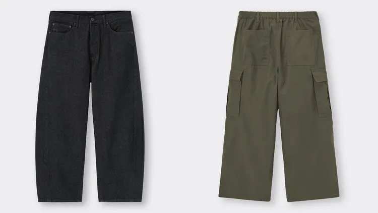 男裝barrel leg錐形牛仔褲（左）、超寬版工作褲（右），優惠價各890元。品牌提供
