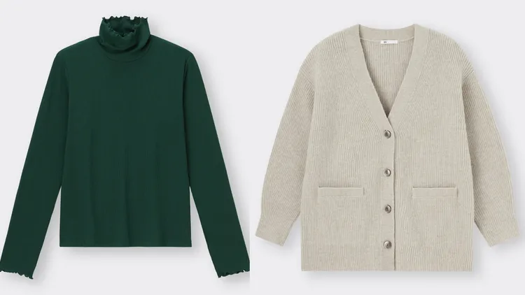 女裝柔軟羅紋高領T恤（左）優惠價290元、PUFFYTOUCH寬鬆開襟外套（右）優惠價790元。品牌提供