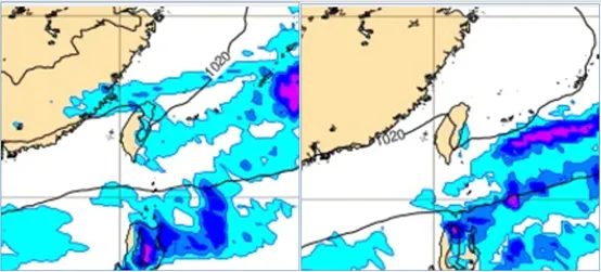 最新(22日20時)歐洲模式(ECMWF) 週二(26日20時)模擬圖顯示，鋒面掠過，北部及東半部地區轉有局部短暫雨(左圖)。下週四(28日20時)模擬圖顯示，各地晴朗穩定(右圖)。氣象應用推廣基金會