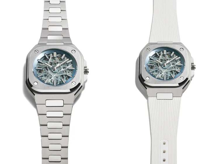 Bell & Ross BR-05 Skeleton Arctic Blue腕錶，40mm，緞面打磨及拋光不鏽鋼錶殼，鏤空錶盤，BR-CAL.332-1自動機械機芯，動力儲存54小時，防水深度100米，緞面打磨及拋光不鏽鋼錶帶28萬2000元/橡膠錶帶26萬9000元。品牌提供