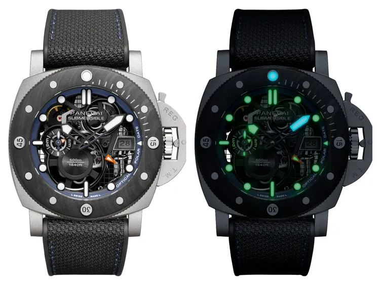 沛納海Submersible系列Mike Horn兩地時間鈦金屬體驗版腕錶（PAM01670），47mm，鈦金屬錶殼，黑色雙材質錶帶，P.4001/S自動上鍊機芯，動力儲存3日，防水深度50米，全球限量30只，價格店洽。品牌提供