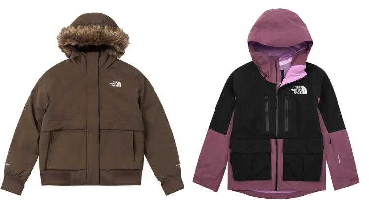 女款棕色DryVent防水透氣保暖連帽羽絨外套（左）1萬4880元、女款紫色DryVent防水透氣連帽衝鋒衣（右）1萬9800元。品牌提供